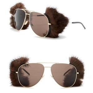 SAINT LAURENT Mink Fur Classic 11 Shields Aviator Sunglasses Gold